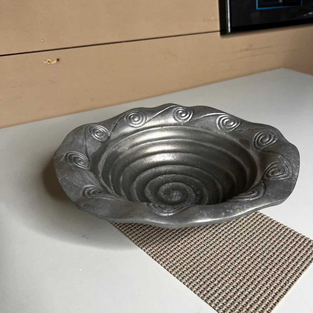 Vintage Brutalist Cast Metal Spiral Bowl Handcrafted Silver Tone Catchall 9in